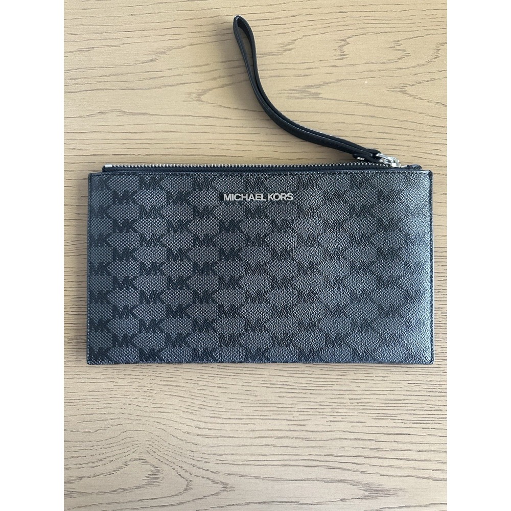 Michael Kors Jet Set Pouch Wristlet Coated Canvas Gray Black MK Logo 10"x 5.5"